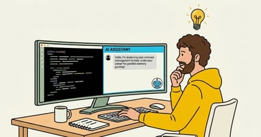 パソコンでコードを編集しながらAIアシスタント（Cursor）とやり取りをしているエンジニアのイラスト